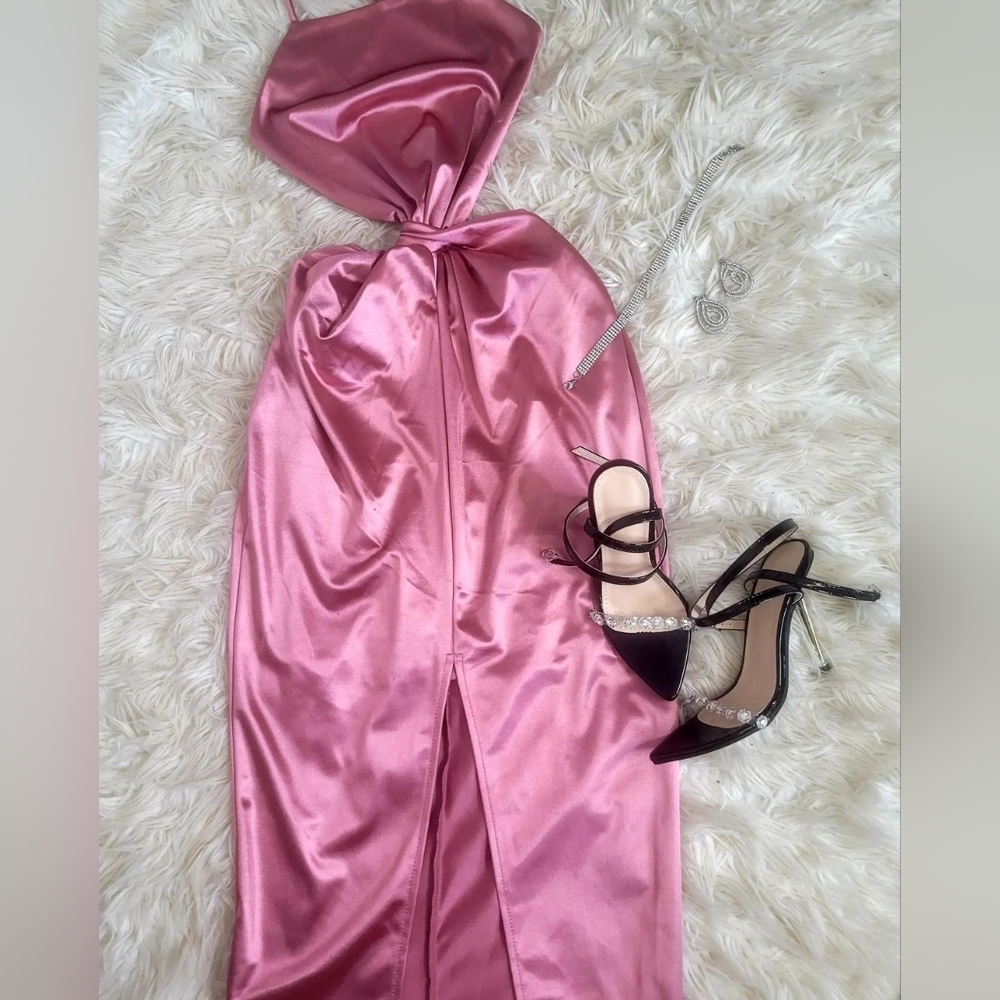 Win Win Apparel Dress Pink Silk Slit Midi Women's